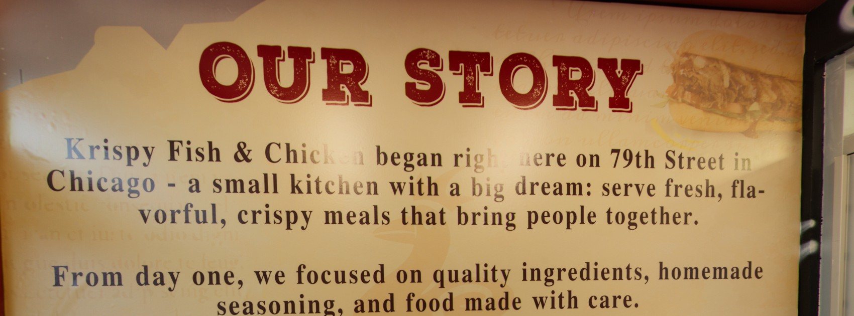 The Our Story wall inside Krispy's, telling how it began on 79th Street in Chicago