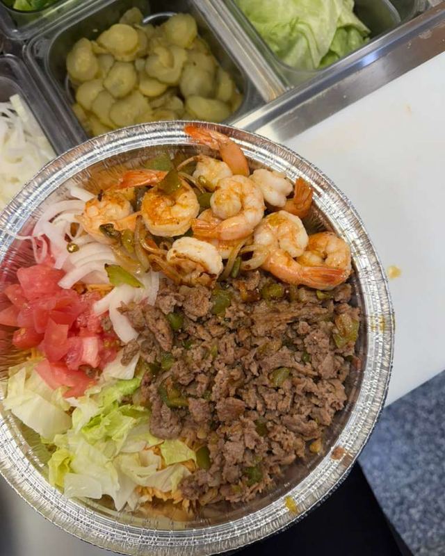 Shrimp and steak rice bowl