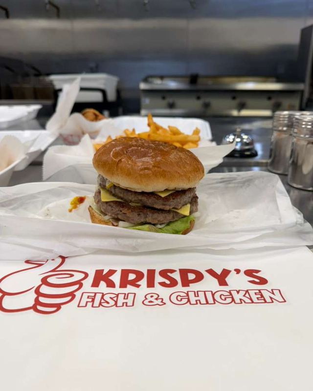 Double cheeseburger in the kitchen