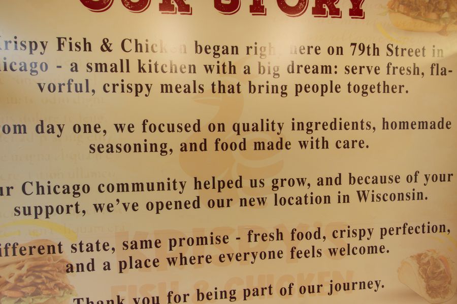 The Our Story wall by the door, telling how Krispy's began on 79th Street in Chicago