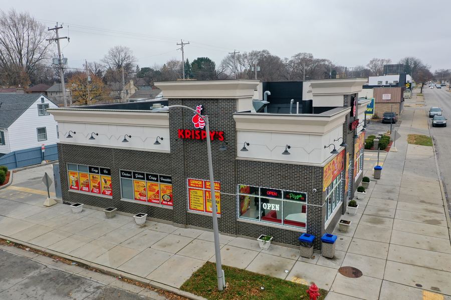 The Krispy's building and side street from above