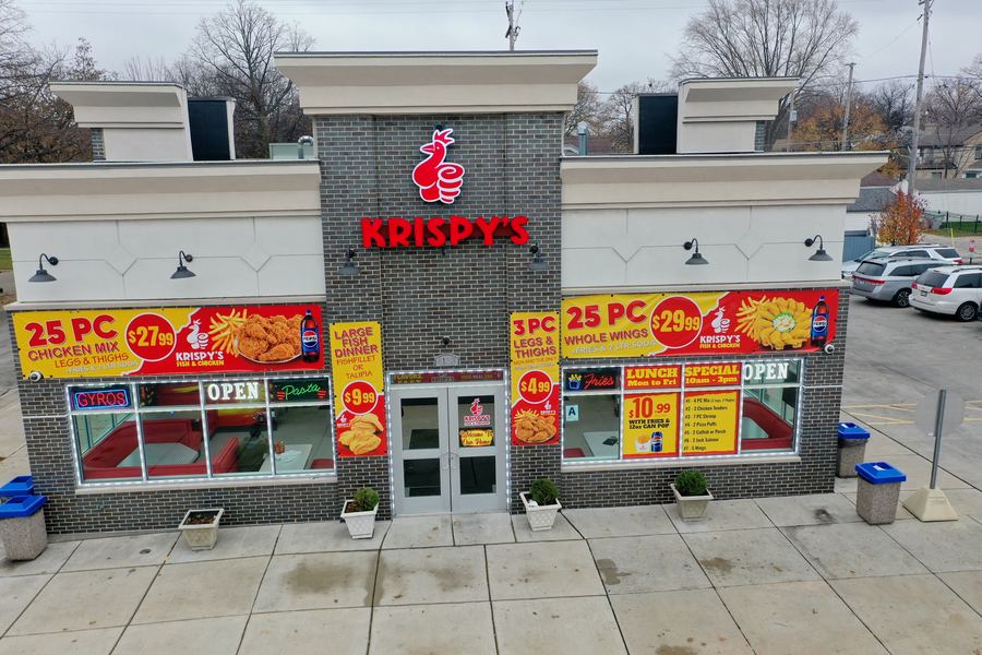 Krispy's storefront and window banners, from above